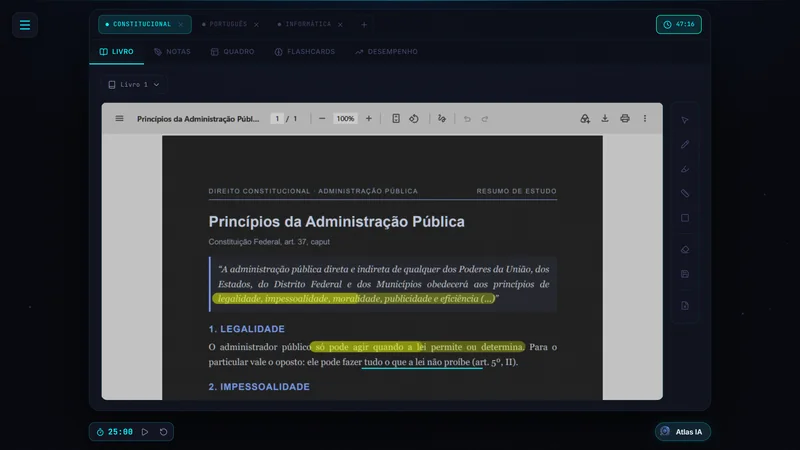 Academy com um PDF marcado, as seções de estudo e o relógio da seção