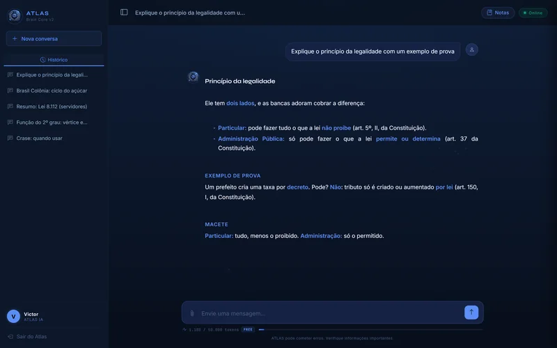Atlas IA explicando o princípio da legalidade com exemplo de prova e macete